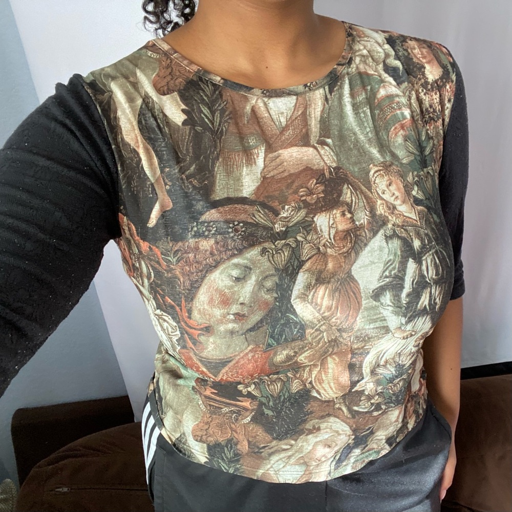 Vintage Renaissance Mesh Fitted Black and Brown Graphic Long Sleeve Tee